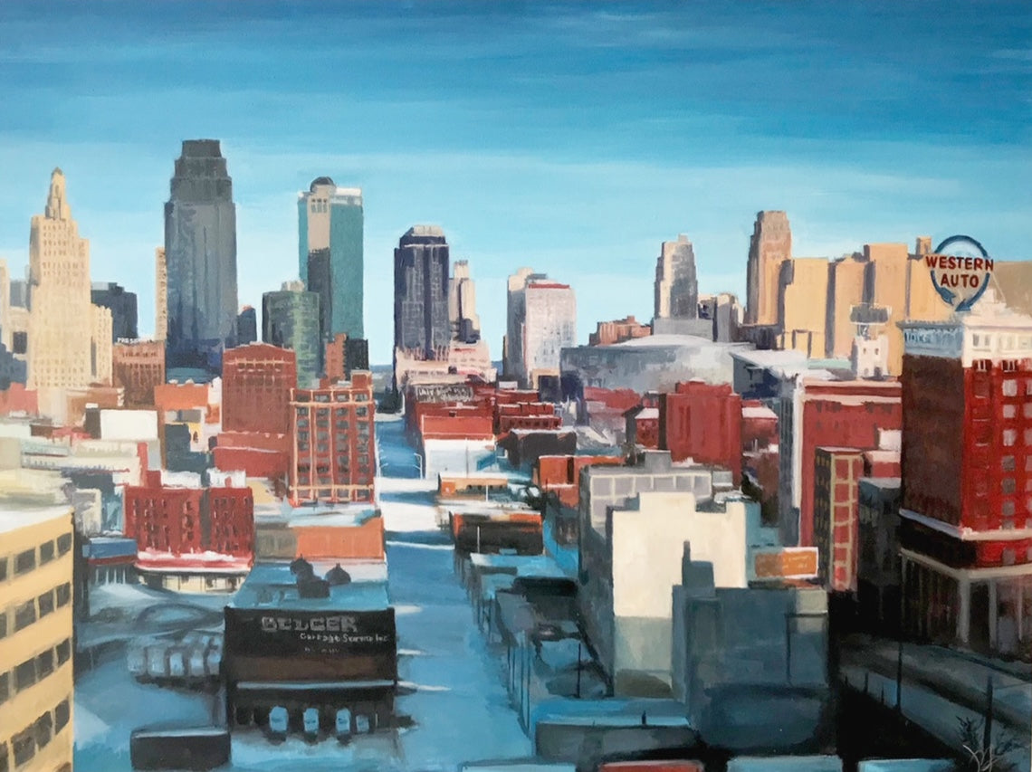 Kansas City Cityscape painting with tall buildings and a clear blue sky